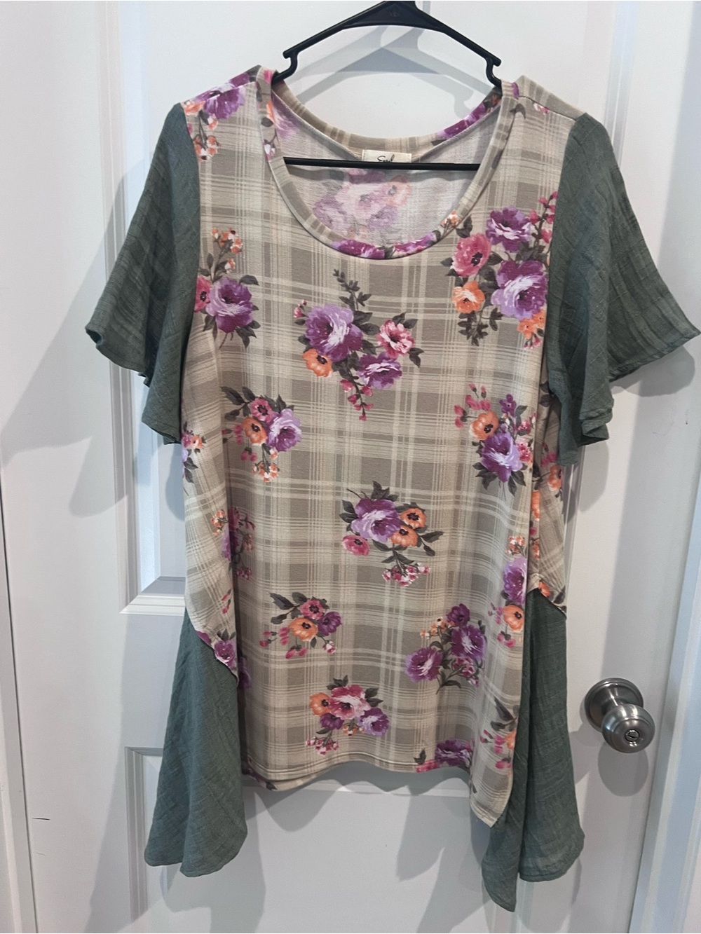 Easel Floral Plaid Short Sleeve Top Size Large